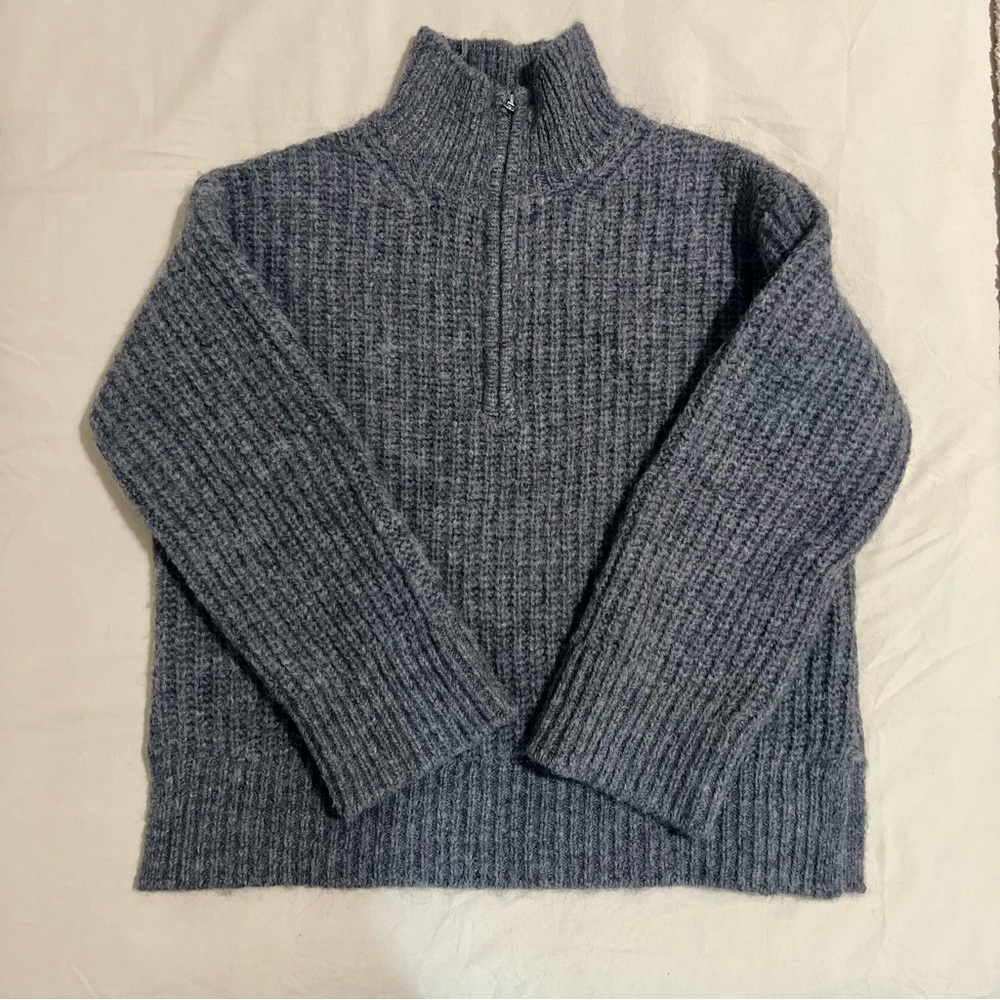 & Other Stories Gray Ribbed Wool and Alpaca Half-Zip Sweater, size S, oversized